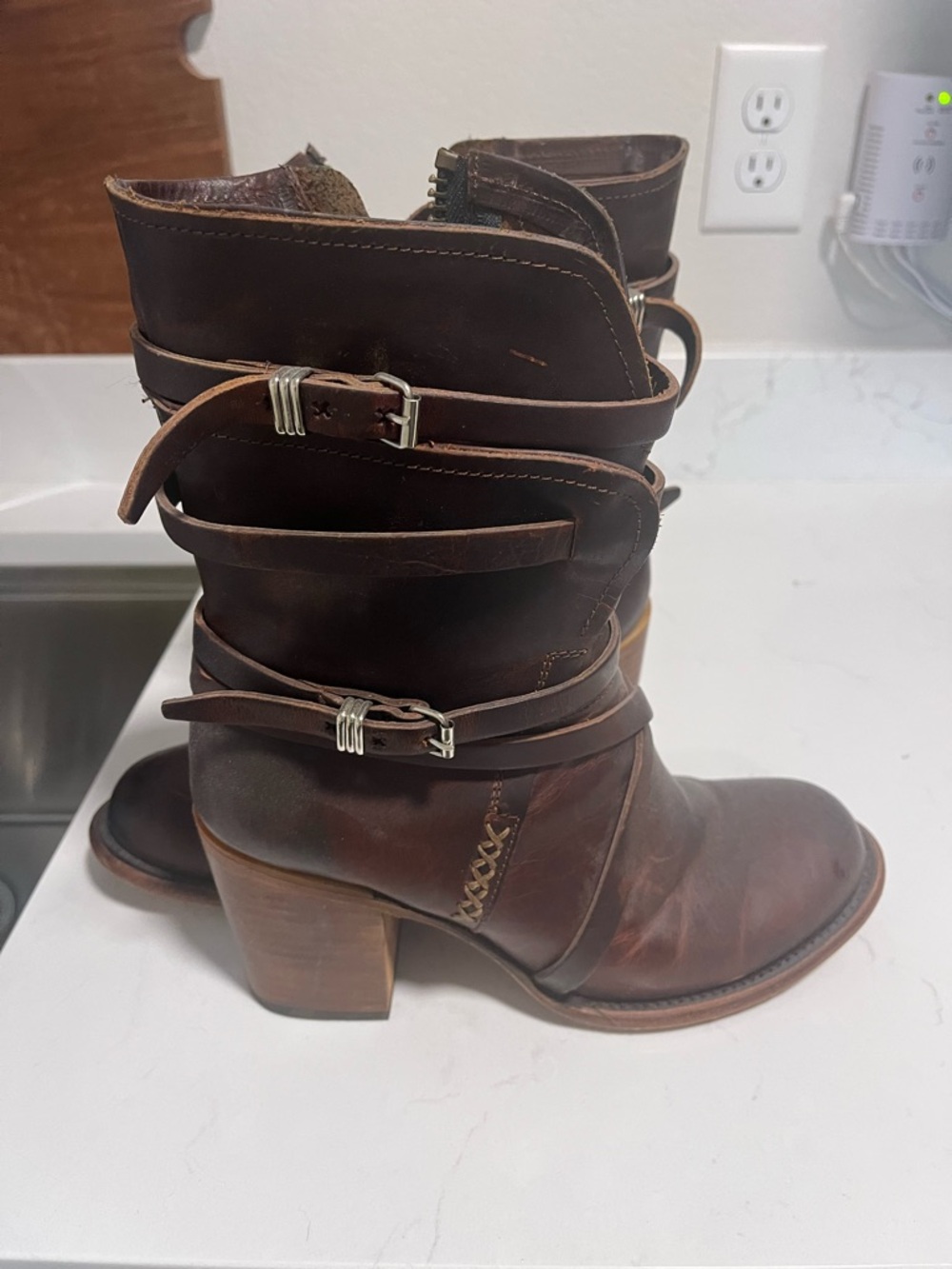 Freebird Brown Leather Heeled Ankle Boots with Buckle Straps
